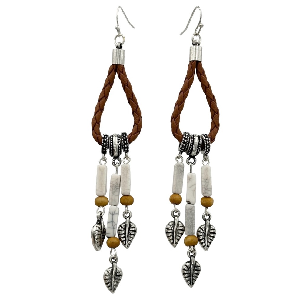 Long Leaf Theme Beaded Dangle Earrings